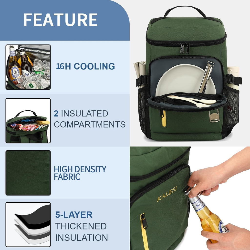 Kalesi Cooler Backpack 36 Cans Lightweight Insulated Backpack Cooler Leak-Proof Travel Camping Lunch Backpack Outdoor Cutlery Backpack for Men and Women