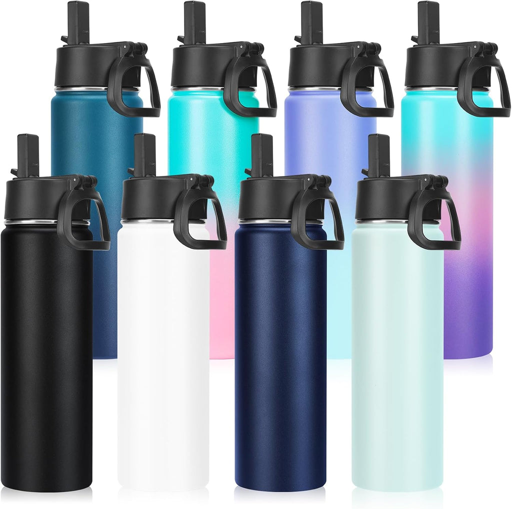 Neihepal 22 oz Insulated Water Bottles Bulk, Stainless Steel Water Bottles Bulk with Leak Proof Straw Lid, Wide Mouth Double Walled Vacuum Keeps Cold and Hot (Eight Color,8 Pack)