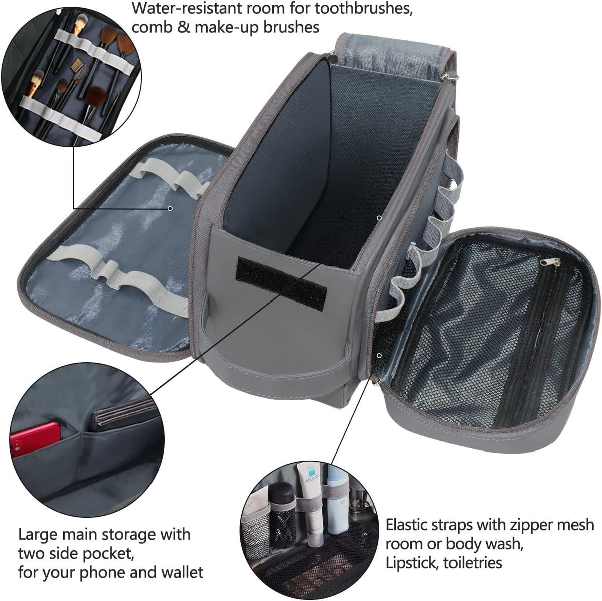 Buruis Extra Large Toiletry Bag for Men, PU Leather Travel Dopp Kit, Gray