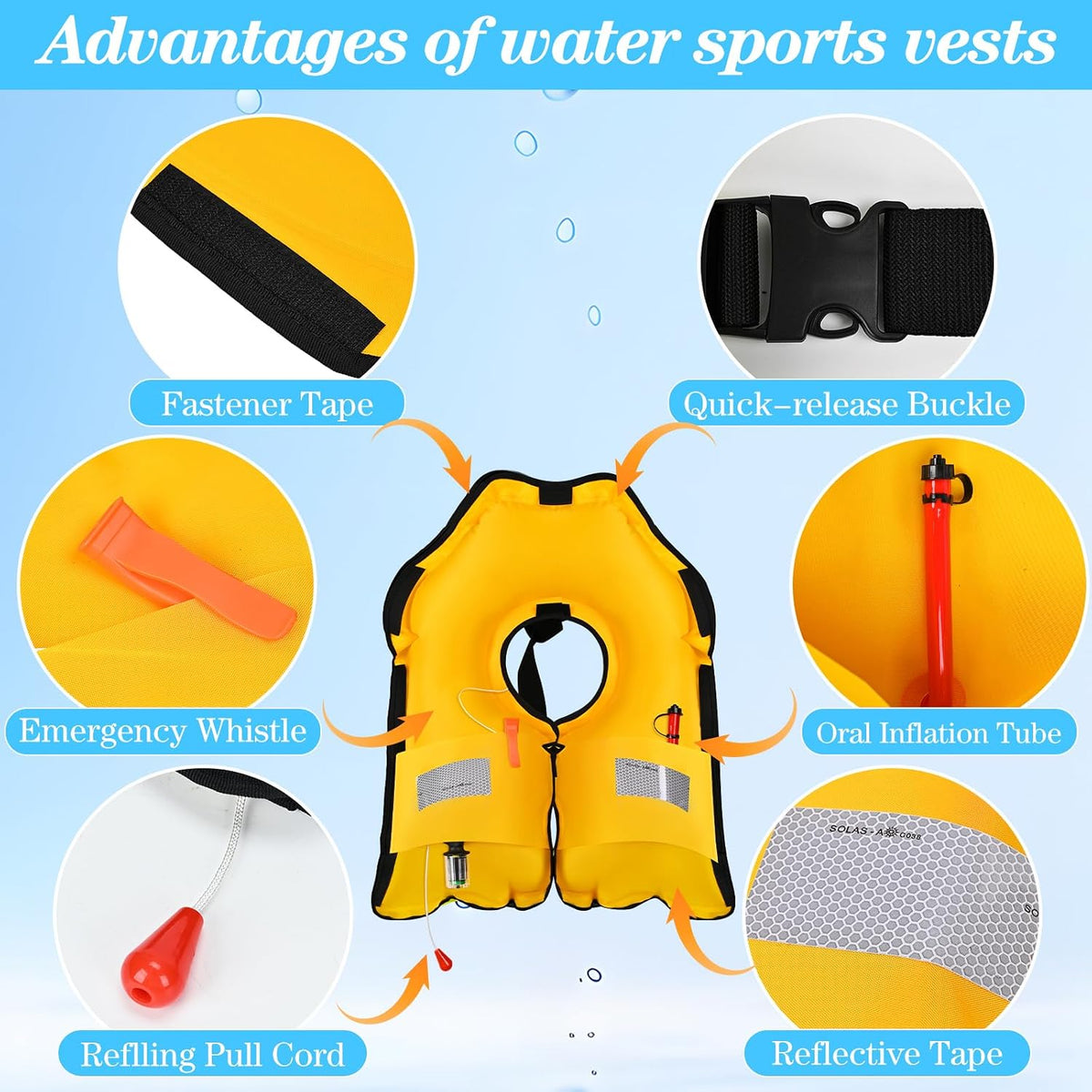 Adult Automatic Inflatable Kayak Vest PFD,Water Sports Vest for Boating Fishing Kayaking SUP Paddleboarding（fit Weight Below 330 lbs）