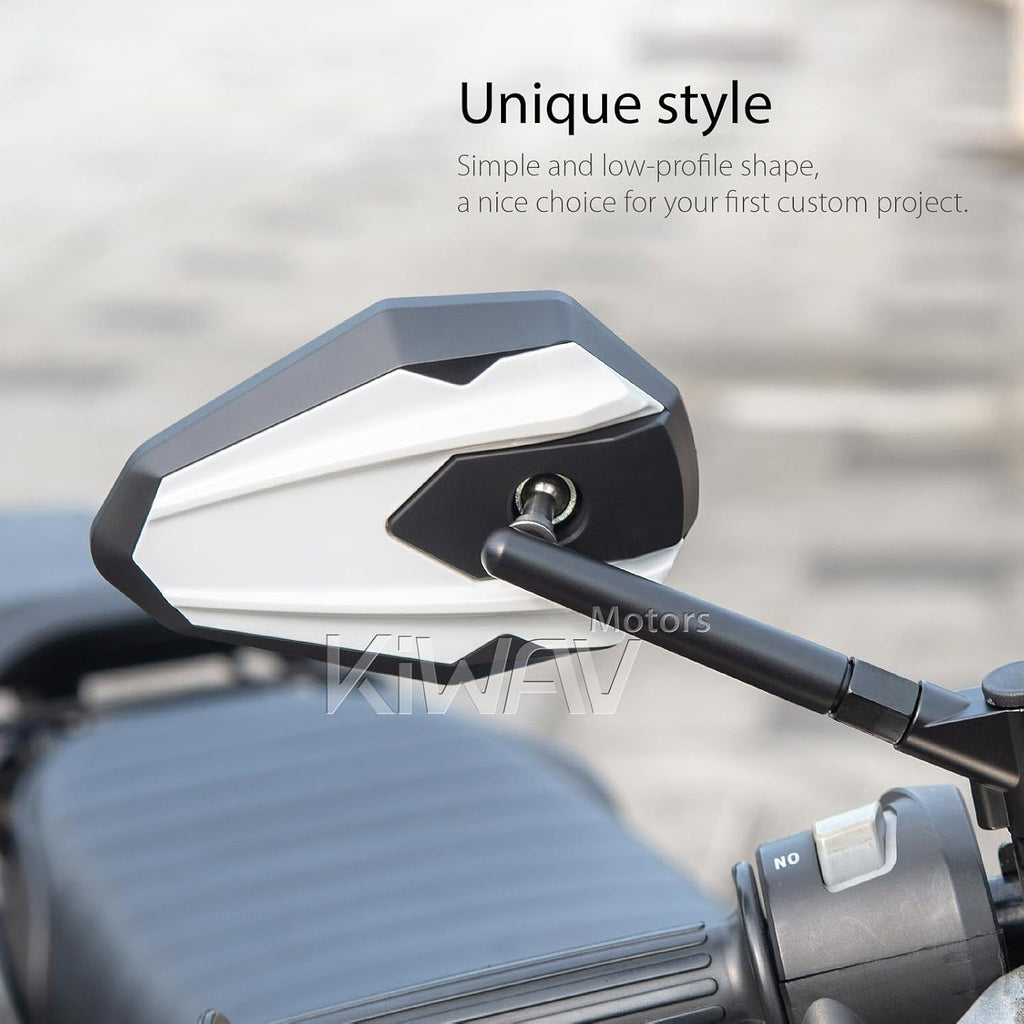 KiWAV 4Rizz White Motorcycle Rear View Mirrors Universal Fit 10mm 8mm Metric Bikes Scooters Chopper Cafe Racer Sold as 1 Pair