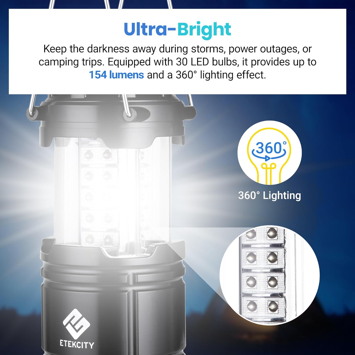 Etekcity LED Camping Lanterns, Battery Operated, 2 Pack | Power Outages, Hurricane Preparedness, Camping, Emergency Kit, Water Resistant, Collapsible Design, Batteries Included