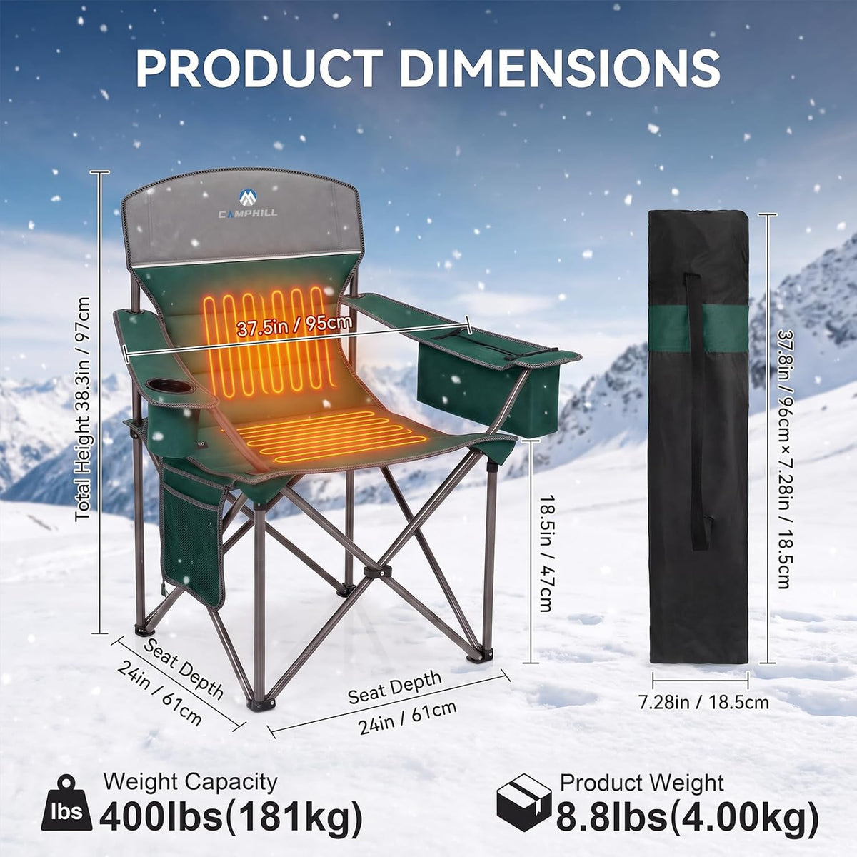 Heated Camping Chairs 2 Pack - Heavy Duty 400LBS Padded Lawn Chair with Cup Holder,Side Pocket,Collapsible for Outdoor,Camp,Fishing & Garden,Dark Green,Battery NOT Included