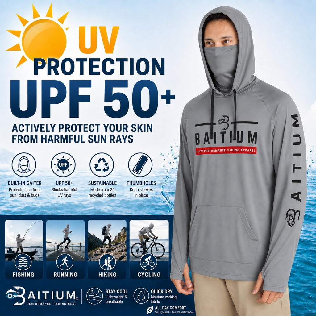 Fishing Shirts for Men,UPF50 Hooded Long Sleeve with Gaiter, Sun Protection Dry Fit Apparel, Face Mask, Fishing Clothes