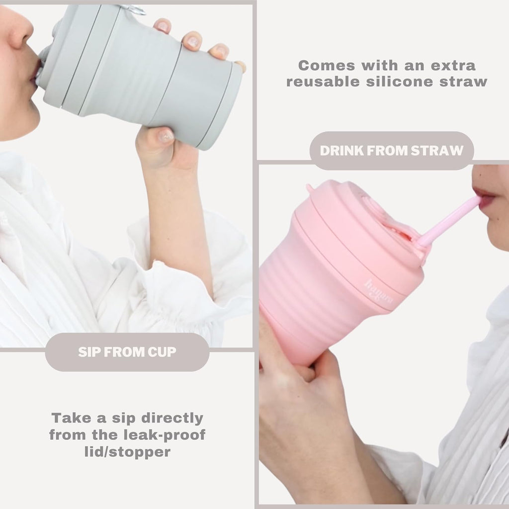 HANARA Collapsible Cup with Reusable Straw – 18 Oz (550 Ml), Portable Travel Mug, BPA-Free, Leak-Proof, Microwave & Dishwasher Safe, Multi-Purpose for Hot & Cold Drinks – Gray