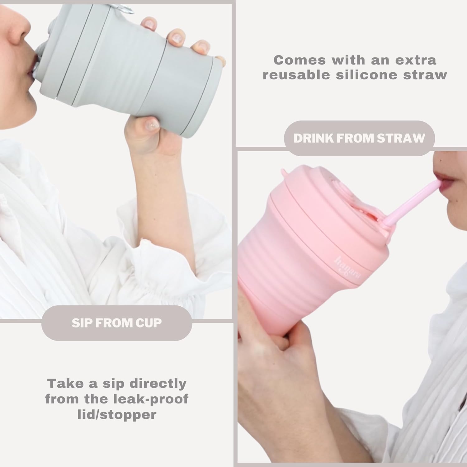 HANARA Collapsible Cup with Reusable Straw – 18 Oz (550 Ml), Portable Travel Mug, BPA-Free, Leak-Proof, Microwave & Dishwasher Safe, Multi-Purpose for Hot & Cold Drinks – Gray