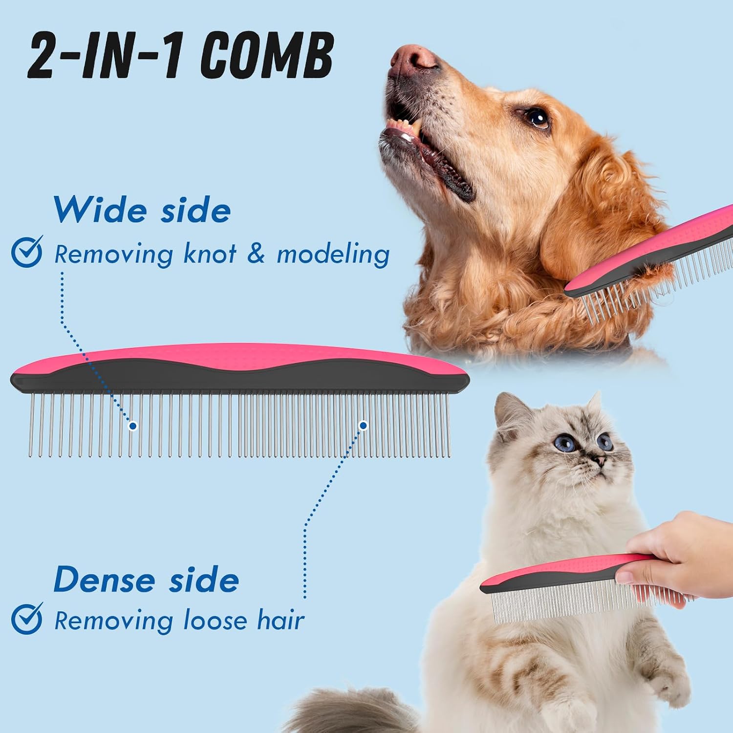 Docrok Pet Grooming Brush and Metal Comb Combo for Dogs & Cats, Pink