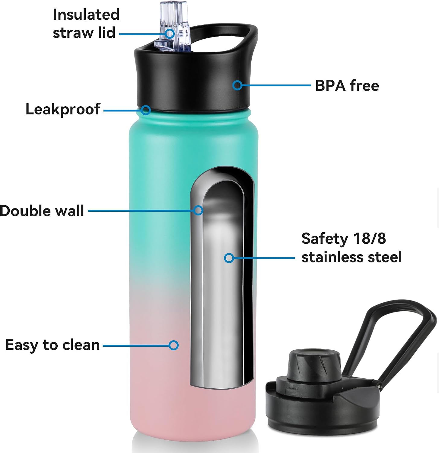 24oz Insulated Water Bottle with Straw Lid, Stainless Steel Metal Water Bottle with Straw & Wide Mouth Lid, Double Wall Vacuum Water Bottle for Hiking Camping, Bubble Gum 8 Pack