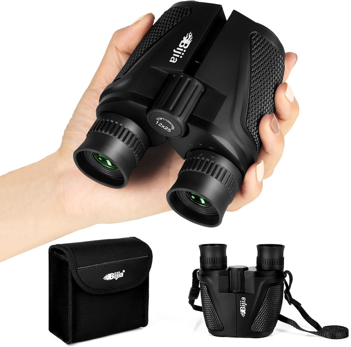 BIJIA 12 x 25 Compact Binoculars for Adults and Kids, Easy Focus Small Binoculars with BAK4 Prism, Large Eyepiece, Waterproof, Low Light Vision for Travel, Hiking, Bird Watching, Hunting, Concerts