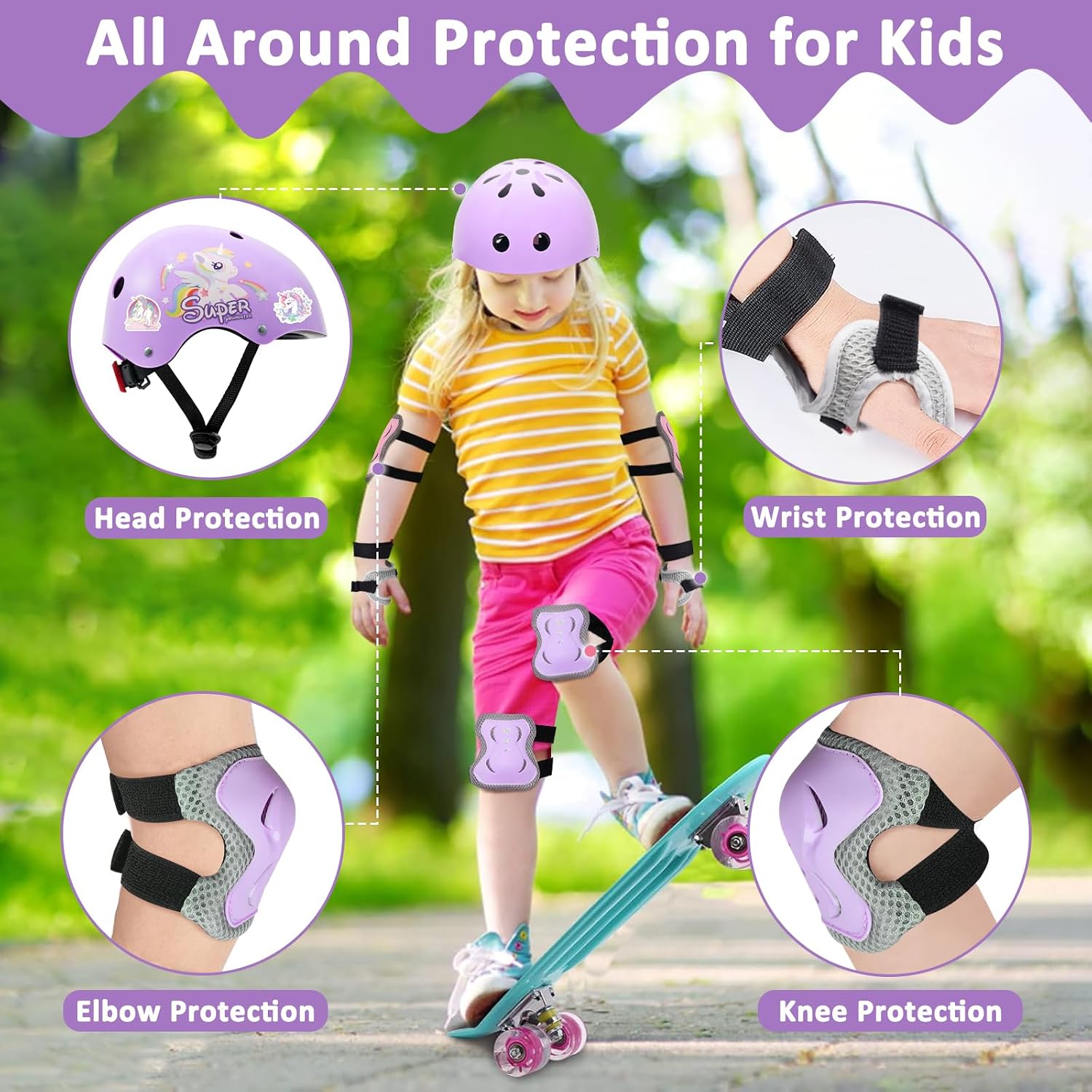 Adjustable Kids Bike Helmet Set with Knee, Elbow and Wrist Pads, Toddler Helmet for Ages 3-5-8-14 Boys Girls, Protective Gear Set for Ages 3-14 Kids & Youth, for Bikes Skateboards Rollerskates