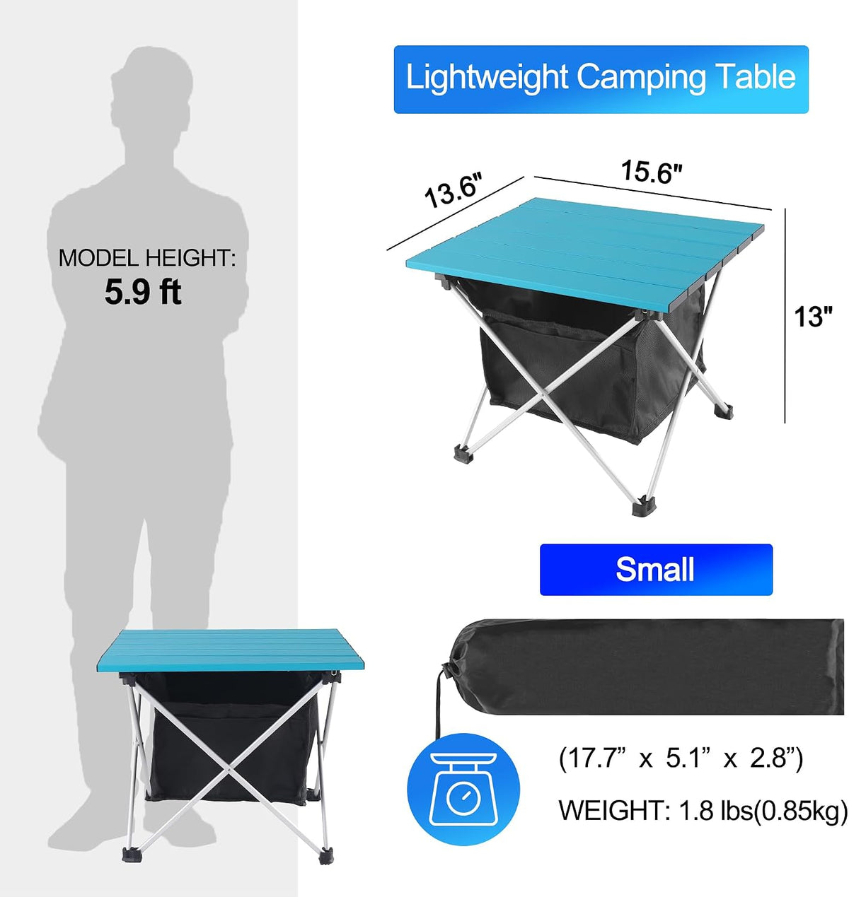 Grope Ultralight Aluminum Camping&Beach Table with Storage Bag (Blue-S)