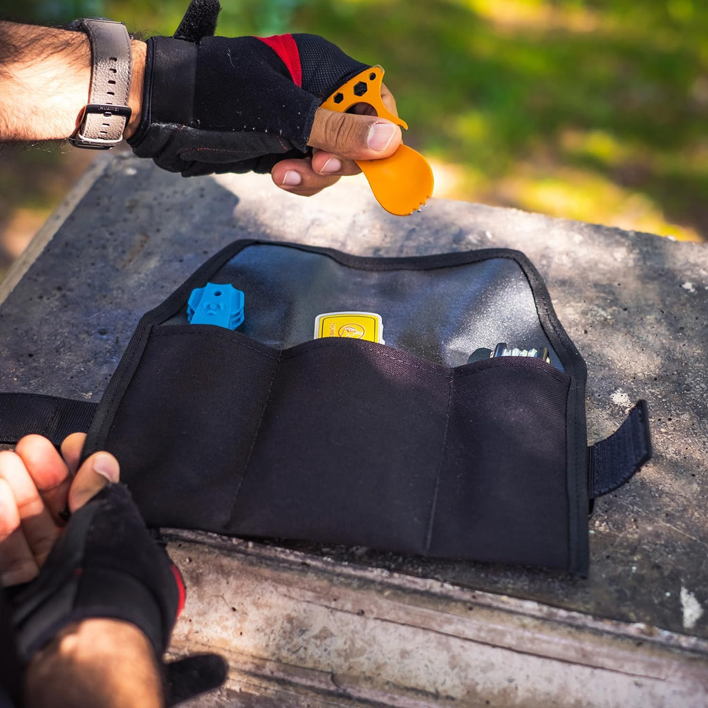 PACK2RIDE Blossom Roll Bike Saddle Bag - Bike Seat Bag with 3 Organization Pockets for Tools - Water Resistant, Durable Cordura Fabric - Road Bike Accessories - Lightweight Bicycle Accessories (Black)