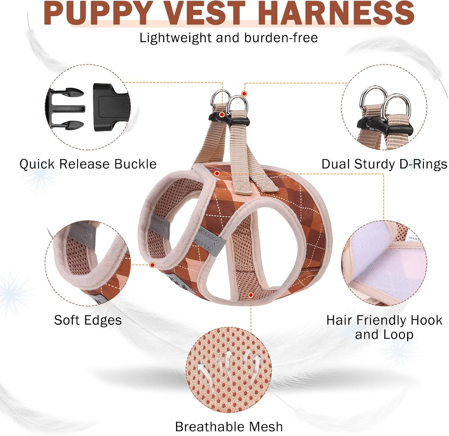 SCENEREAL Fall Thanksgiving Small Dog Harness and Leash Collar Set, Step in No Pull Plaid Puppy Harness for Small Dogs Outdoor Walking, Soft Mesh No Chock Reflective Vest Harness, Brown XS