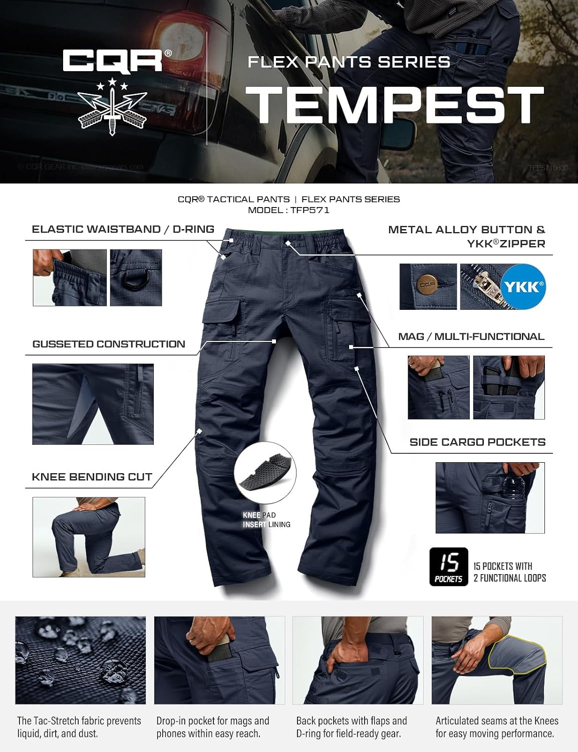 CQR Men's Flex Stretch Tactical Pants, Water Resistant Ripstop Cargo Pants, Lightweight EDC Outdoor Work Hiking Pants