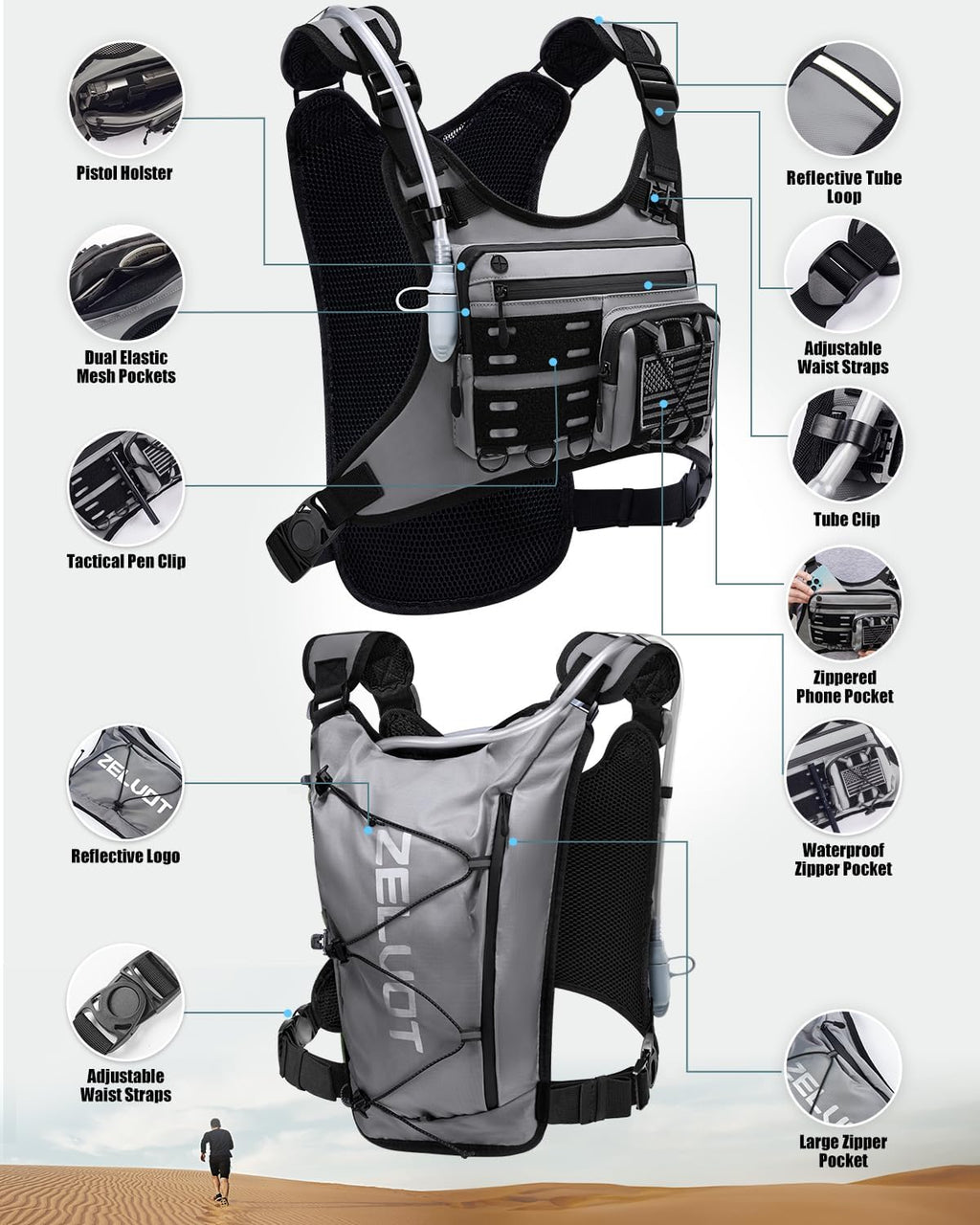 Zelvot Running Vest with 2L Water Bladder, Hydration Backpack, U.S. Design Patent, Lightweight Hydration Pack with Gear Holder, Reflective Chest Pack for Men Women