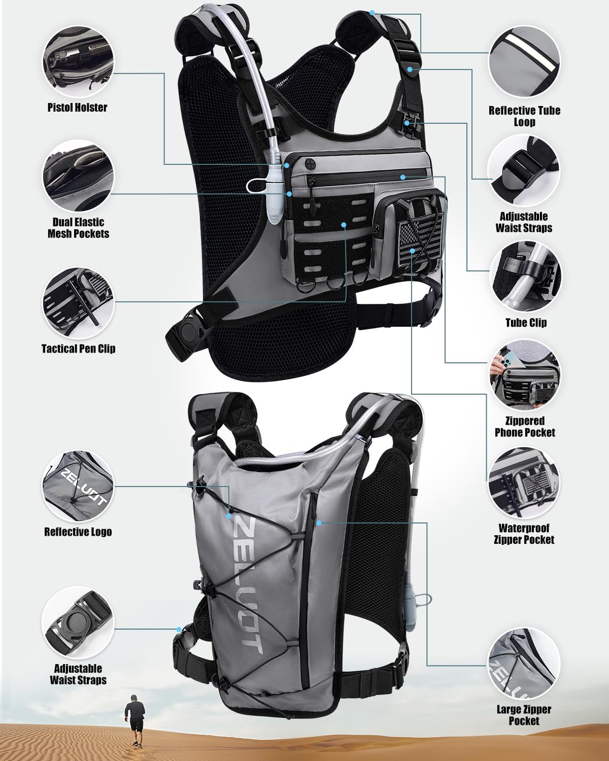 Zelvot Running Vest with 2L Water Bladder, Hydration Backpack, U.S. Design Patent, Lightweight Hydration Pack with Gear Holder, Reflective Chest Pack for Men Women