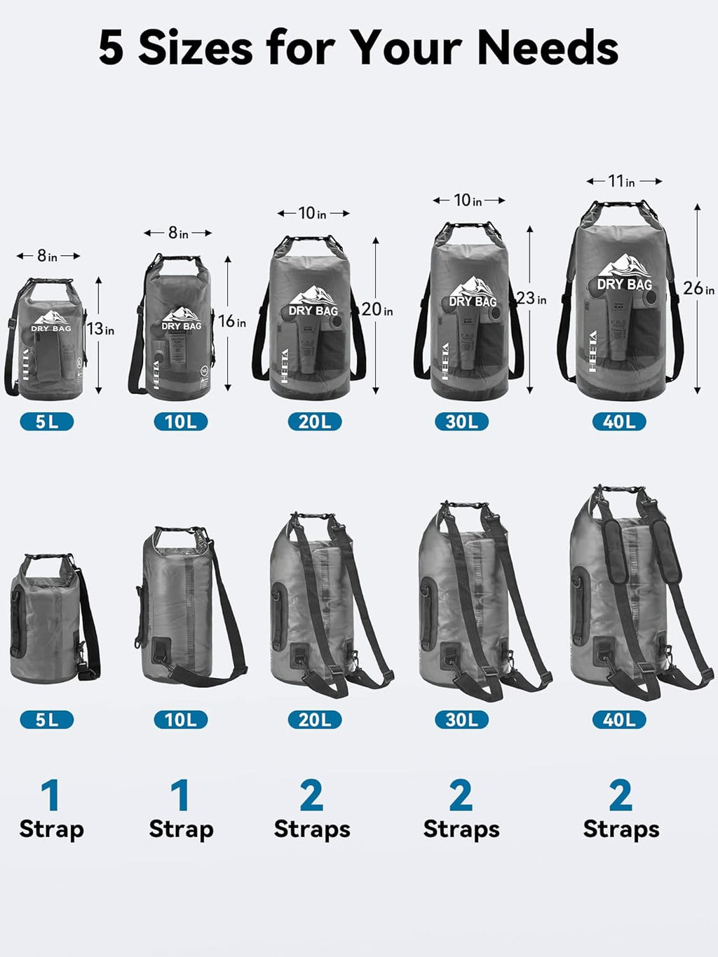 HEETA Dry Bag Waterproof Backpack with Phone Case 5L/10L/20L/30L/40L