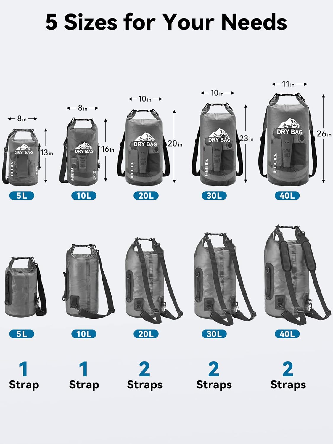 HEETA Dry Bag Waterproof Backpack with Phone Case 5L/10L/20L/30L/40L