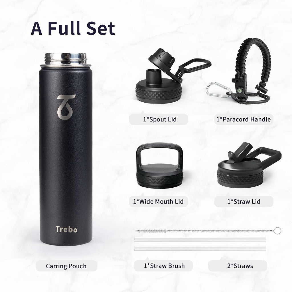 Trebo Insulated Water Bottle 24 oz with 3 Lids, Paracord Handle