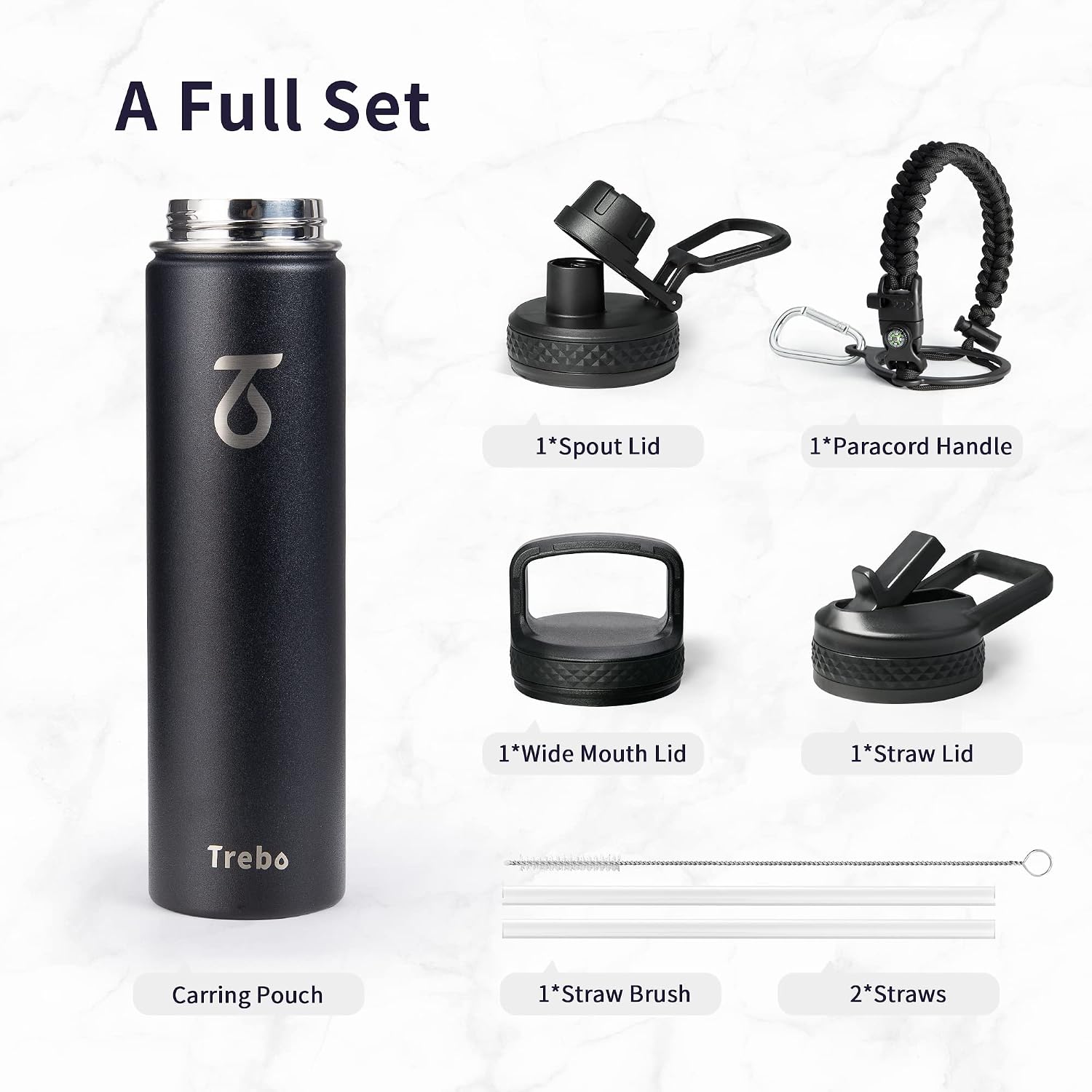 Trebo Insulated Water Bottle 24 oz with 3 Lids, Paracord Handle