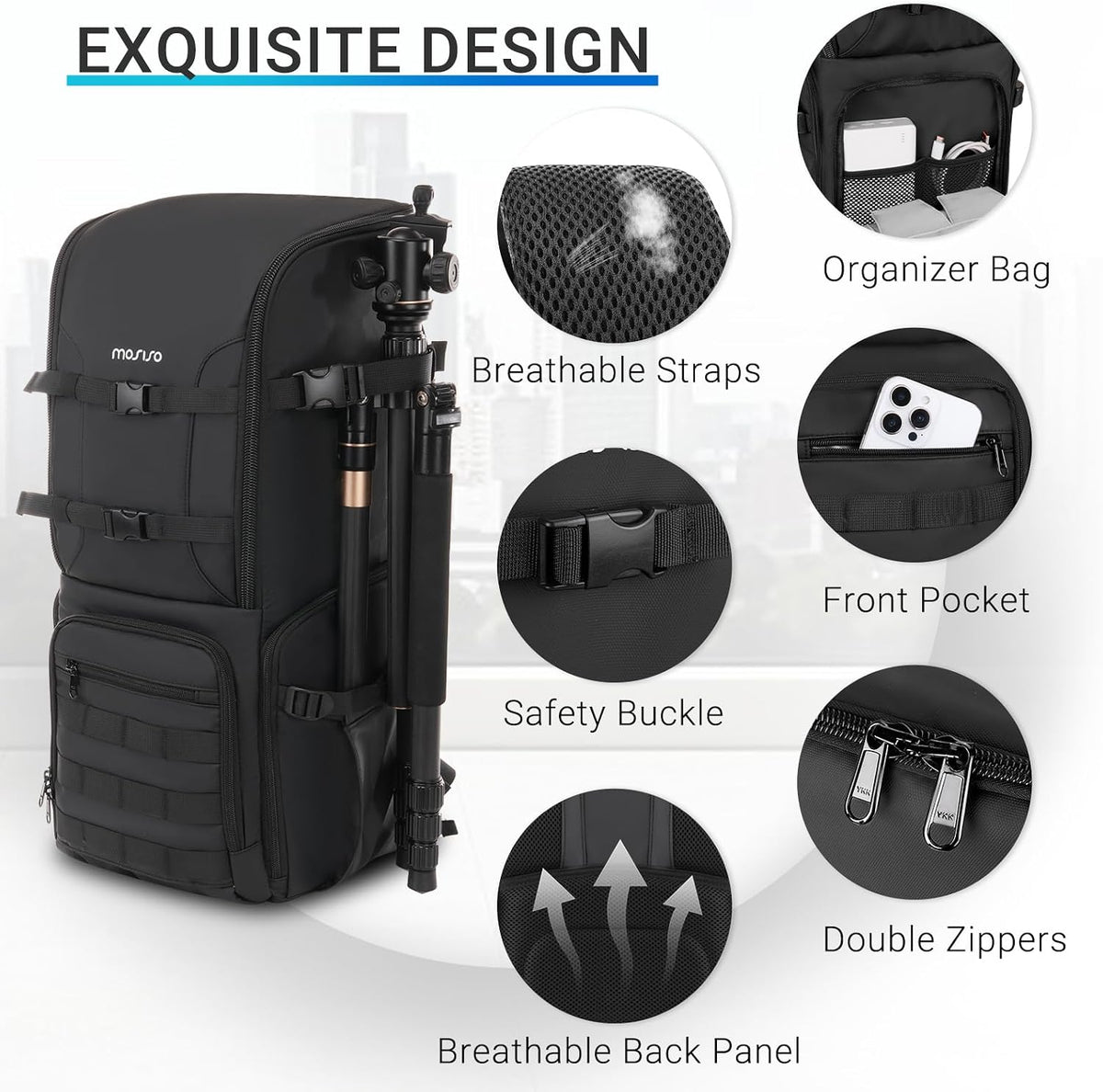 MOSISO Camera Backpack, Waterproof Telephoto Long Lens Bag, Black