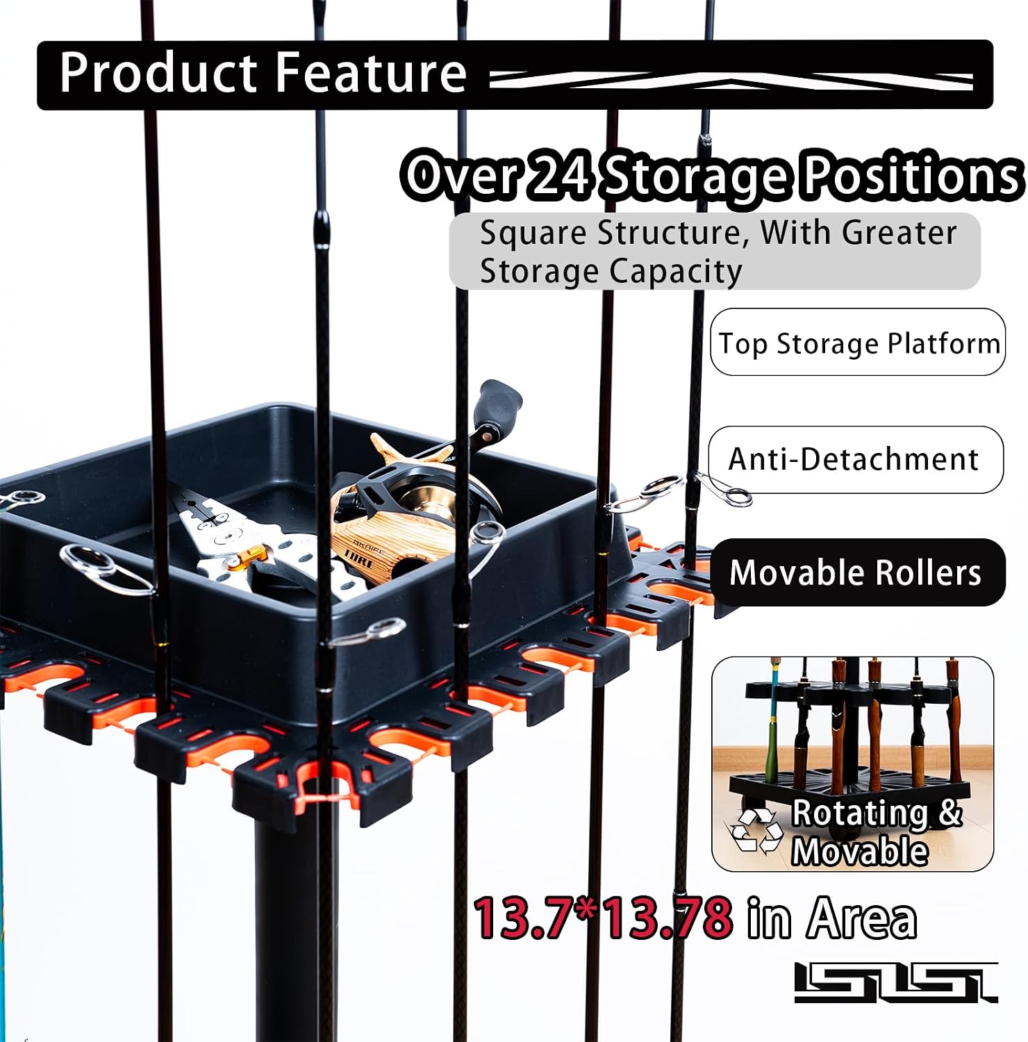 Freestanding Rotating Fishing Rod Rack – No-Drill Lure Rod Stand, Home Display Organizer, Tool-Free Assembly, Holds up to 24 Rods, (With Rolling Wheels)