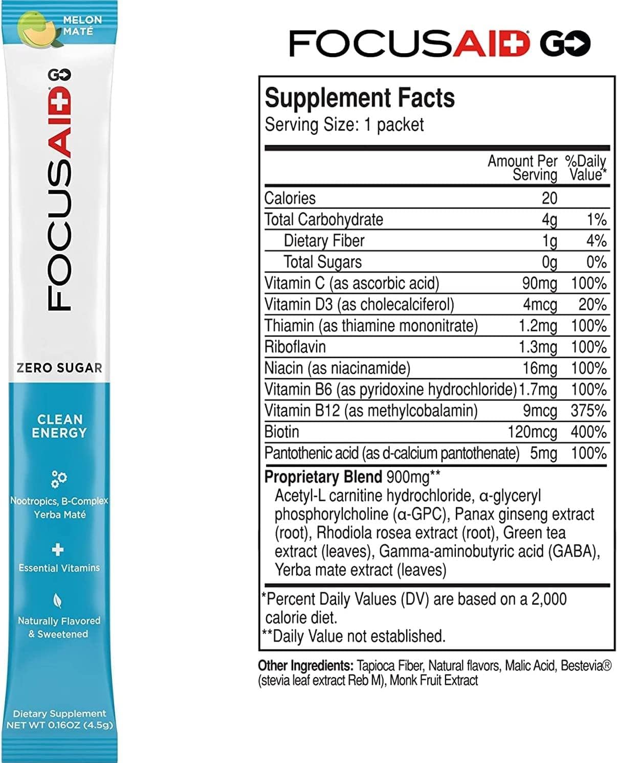 LIFEAID FOCUSAID GO Nootropics Energy Powder, Zero Sugar 100mg (30 Packets)