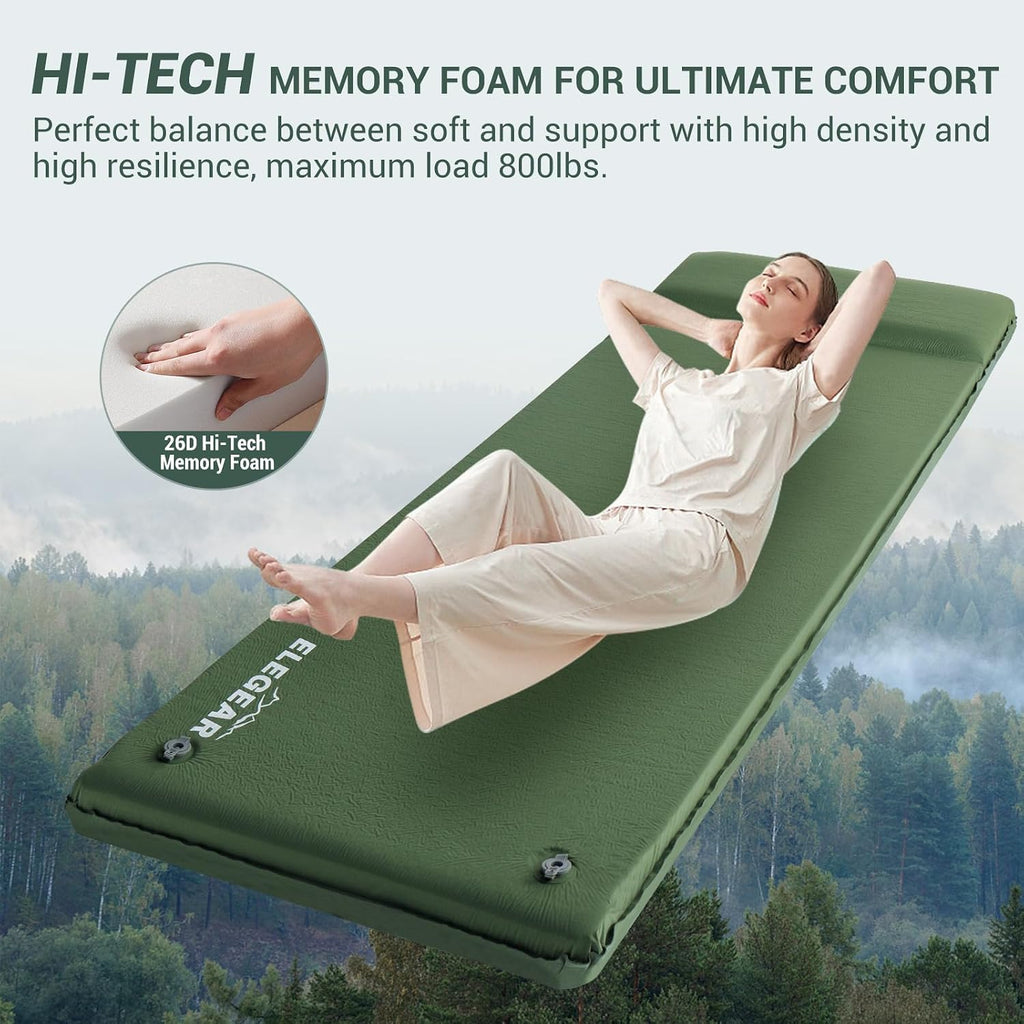 Elegear Self Inflating Sleeping Pad with Pillow 26D Memory Foam 3.15"