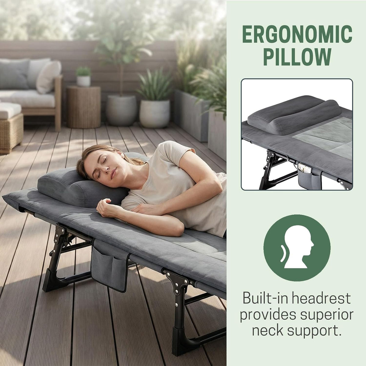 Mopaicot Folding Camping Cot for Adults, Lounge Chair with Pad and Pillow