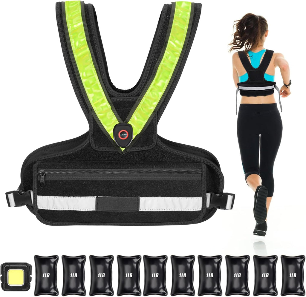 Weighted Vest for Women Men, Sport Running Weighted Vest with Reflective Strips and LED Flashing Sash, 10lbs/20lbs Weight Vest for Strength Training and Workout