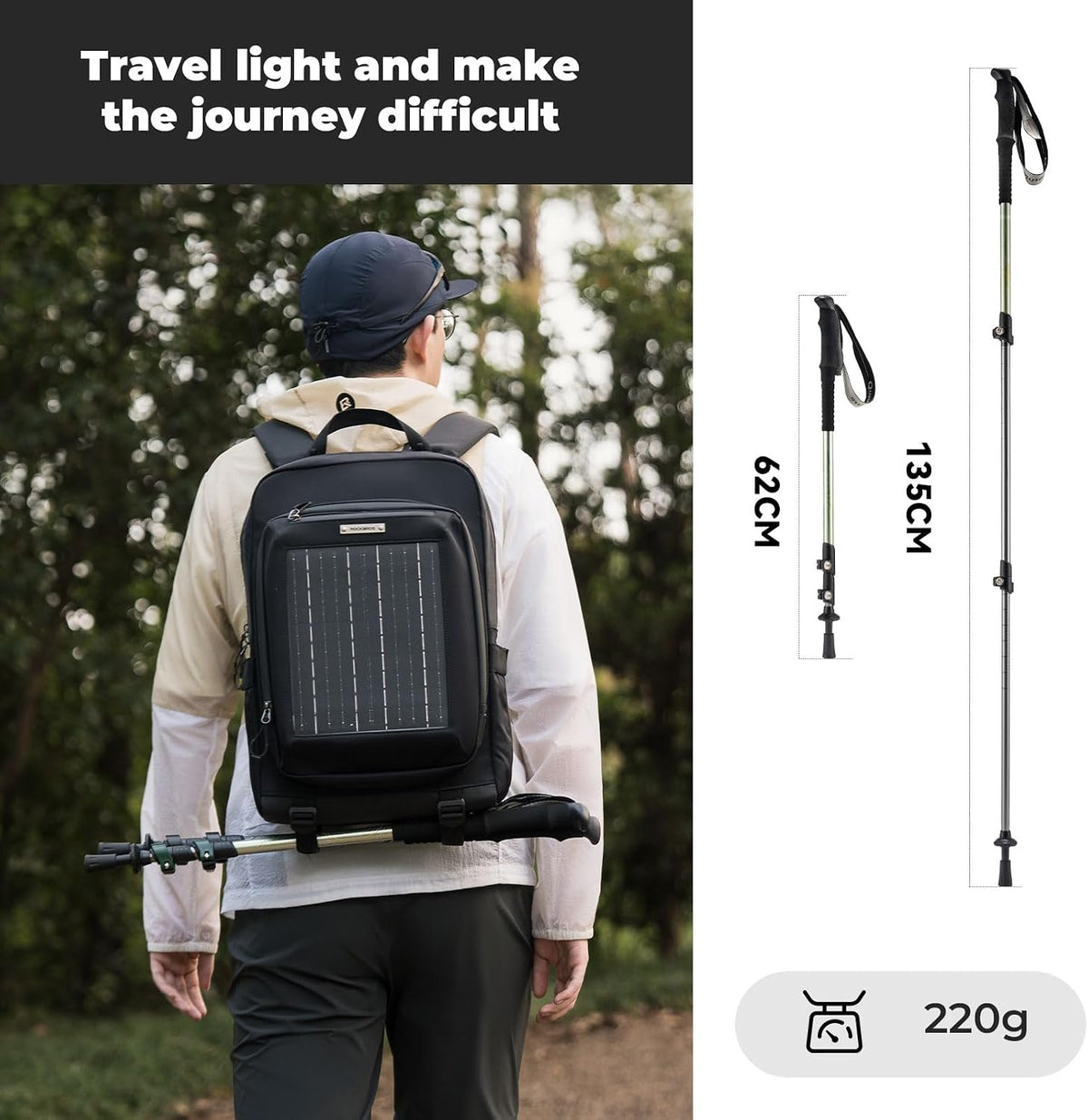 Ultralight Trekking Pole, Collapsible Hiking Pole with EVA Grip & Carbon Tip, 6061 Aluminum, Adjustable 62-135cm for Hiking Camping, 1 Stick