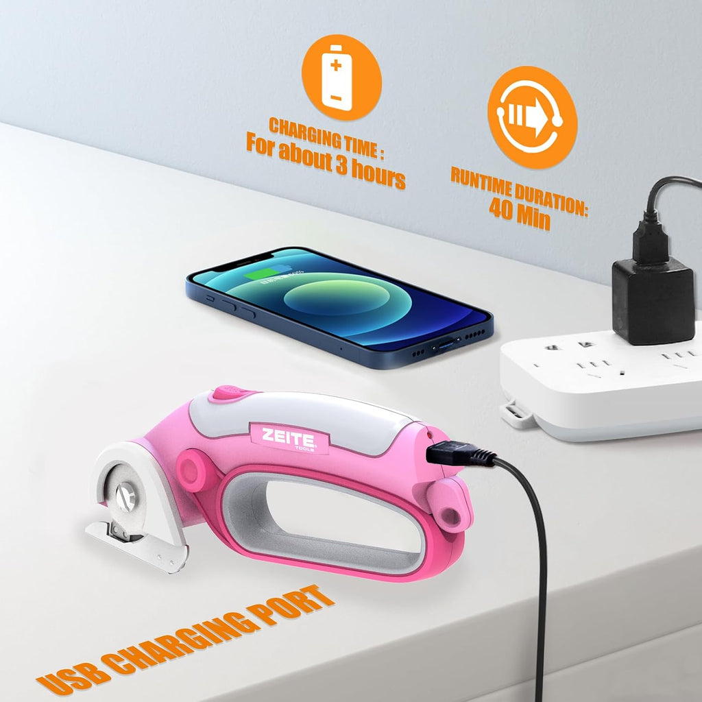 ZEITE 4V Cordless Electric Scissors Cardboard Cutter with 2 x Blades,1 x Storage Case,1 x USB Charging Cable,Rotary Cutter for Box Plastic Carpet Fabric, Easy to Hold and Safety,Pink