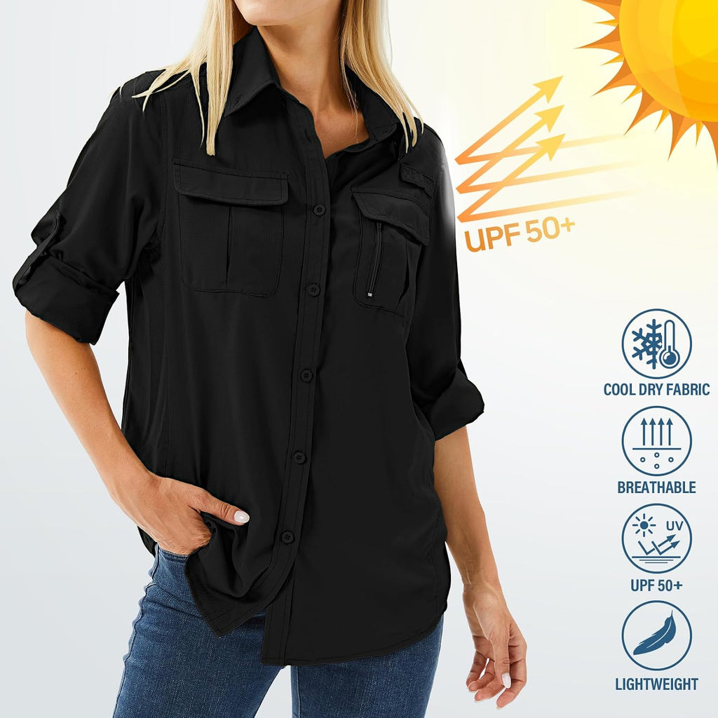 Women's UPF 50 Long Sleeve Sun Protection Safari Fish Hiking Shirts