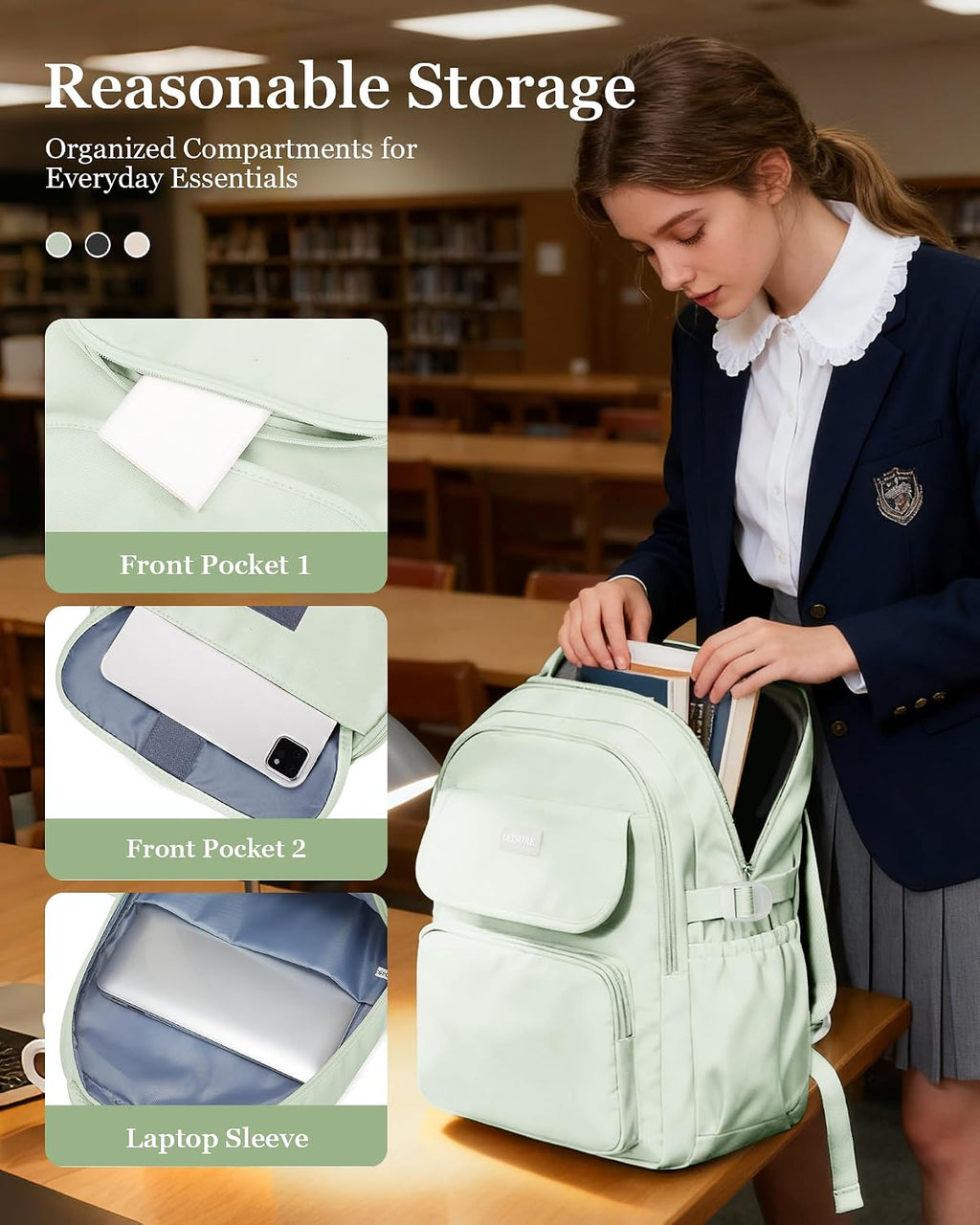 Aesthetic College Backpacks For Women Men,Waterproof High School Back pack,Kawaii Backpack For Teens Girls Boys,Student Latop Travel Backpack(Mint Green)