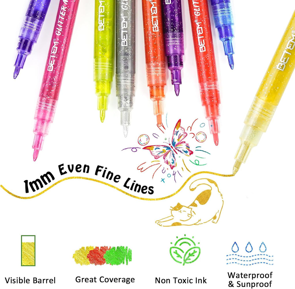 12 Colors Glitter Nail Art Pens Set, 3D Quick-Dry Water-based Ink Glitter Nail Art Markers DIY Manicure Kit for Home Salon Nail Designs, Glitter Pens Markers Nail Polish Pens Graffiti Dotting Pen