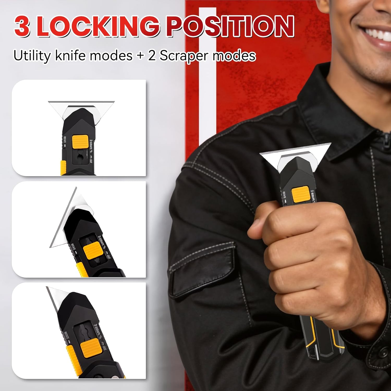 PINOZE Folding Utility Knife Scraper, 3-in-1 Box Cutter with Lanyard & Blade Storage, Retractable Heavy Duty Zinc Alloy Multi-functional Knife with 10pcs SK2 Blades, EDC Tool for Home, Office, DIY