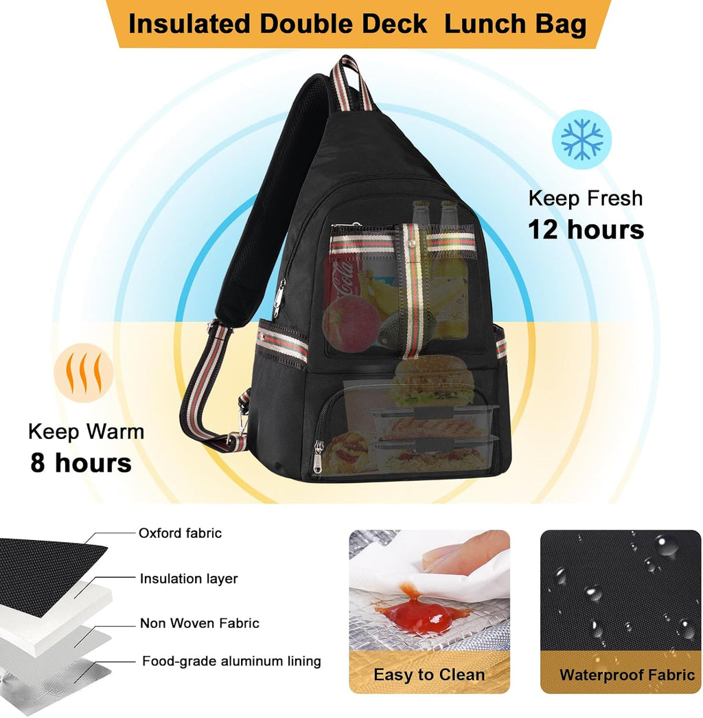 Crossbody Lunch Backpack, Double Deck Large Insulated leakproof Lunchbox