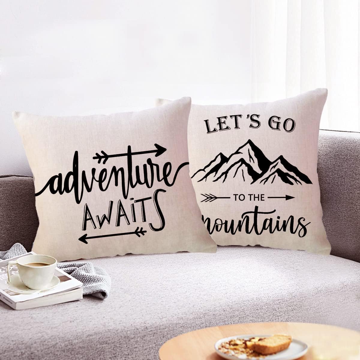 ULOVE LOVE YOURSELF Adventure Awaits Throw Pillow Cover with Arrows Let’s Go to The Mountains Adventure Decor Cushion Covers Cabin/Camper Decorative Pillowcases 18 x 18 Inch,Set of 2