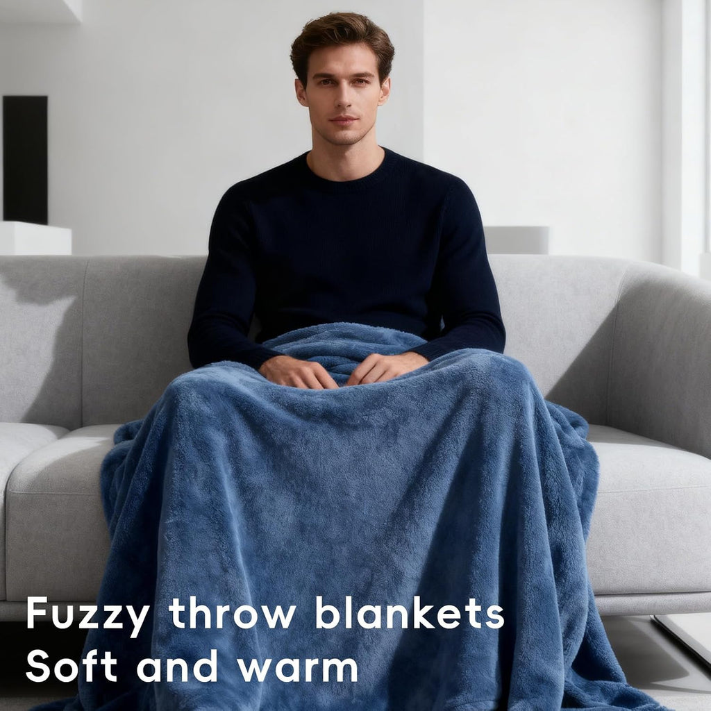 2 Pcs Flannel Fleece Throw Blanket for Bed Couch Large Soft Blanket Winter Warm Lightweight Throw for Sofa,Couch,Travel,Camping,(Grey,Blue,50x60 Inch)