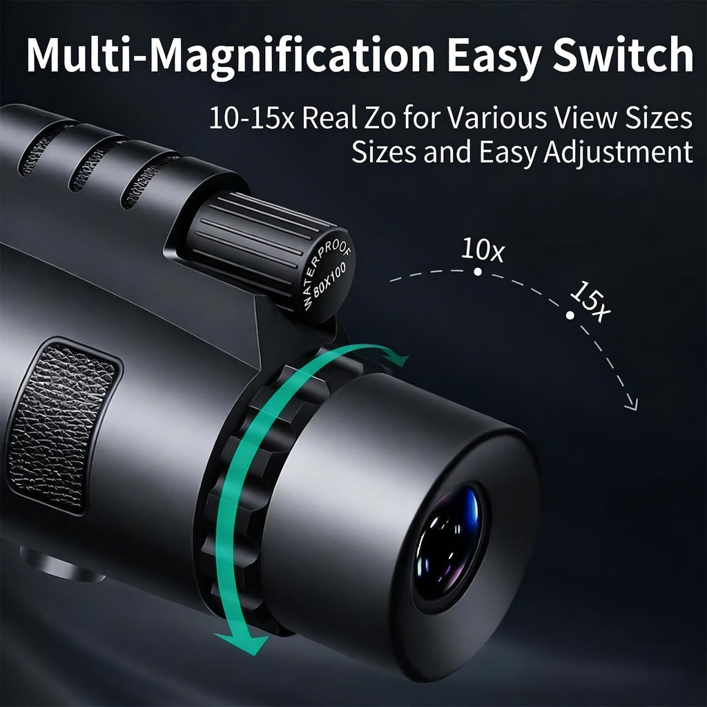 80X100 High Power Monocular Telescope for Adults, with Smartphone Adapter & Tripod, BAK4 Prism & FMC Lens, Waterproof Monocular for Bird Watching, Concert, Hunting, Camping & Travel