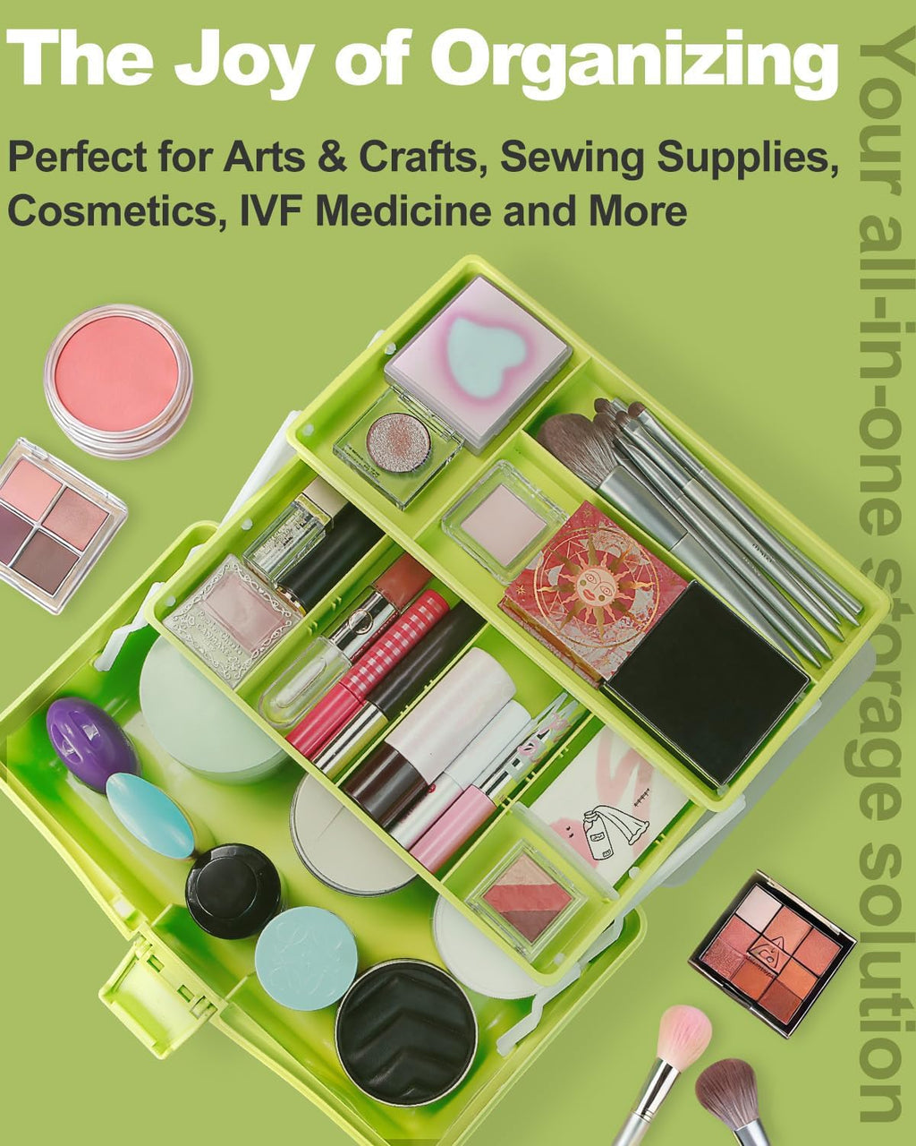 TERGOO 12in 3-Layer Plastic Craft Organizers and Storage, Portable Folding Tackle Box with Handle & Adjustable Dividers, Multipurpose Case for Sewing, Art Supplies, Medicine, Tools (Green)