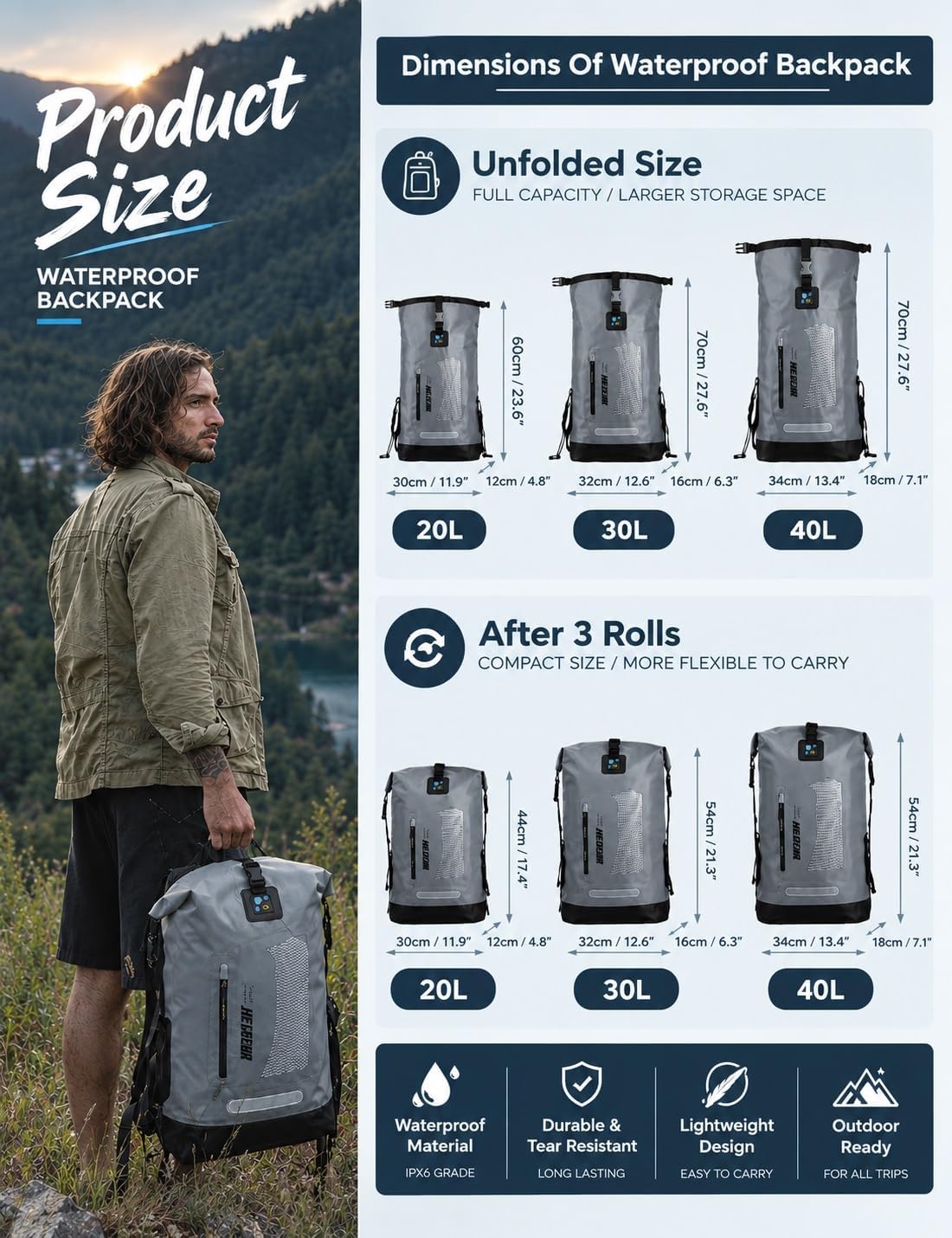 dry Waterproof Backpack and Dry Bag 20L/30L/40L, Floating Bag for Men, Kayak, Gray, 30L, Hiking Backpack