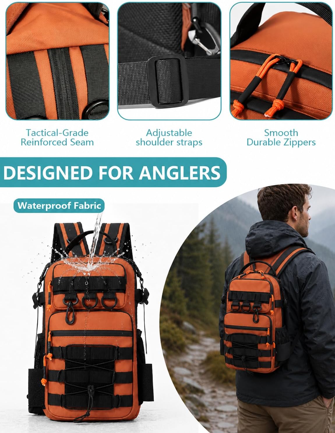 2 in 1 Compact Tactical Fishing Backpack with Tackle Boxes, Lightweight Waterproof Tackle Bag Fit 2 * 3600 Tackle Boxes, 2 Rod Holders Storage, Fishing Accessories Gift for Men Orange