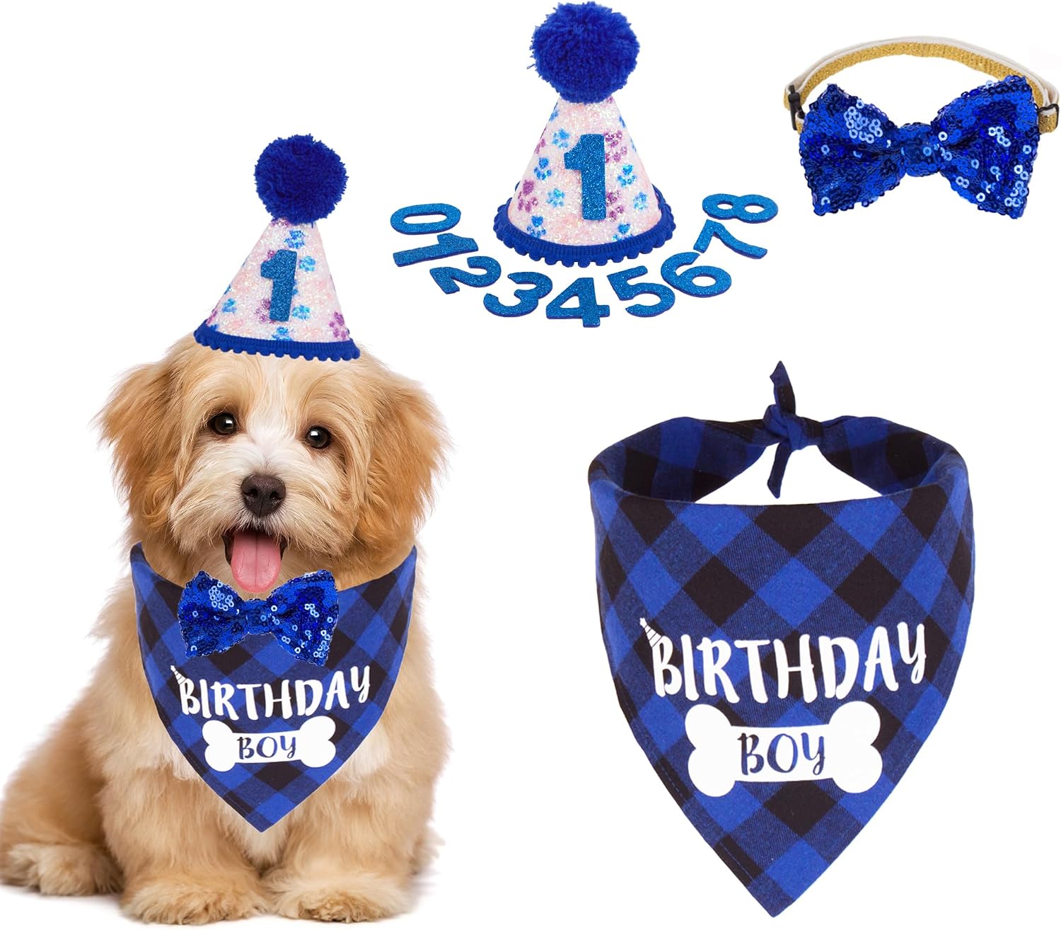 ADOGGYGO Dog Birthday Hat, Blue Plaid Birthday Dog Bandana Set, Small