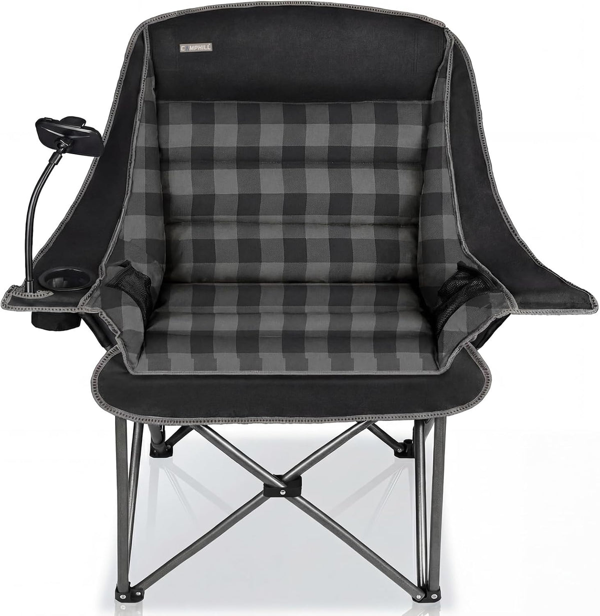 Oversized Camping Chairs for Adults- Heavy Duty Extra Large Lawn Chair,Folding Comfy Padded Camp Chair for Outdoor Sports Garden Beach,Wide&Thick,Black Plaid