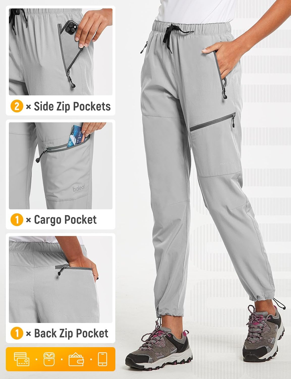 baleaf Women's Hiking Pants Quick Dry Lightweight Water Resistant Elastic Waist Cargo Pants for All Seasons
