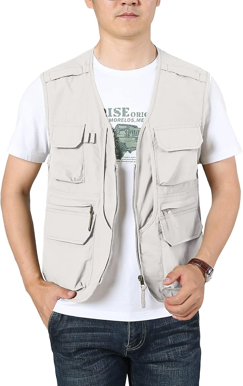 Flygo Men's Utility Cargo Vest Outdoor Fishing Safari Travel Work Photo Vest with Pockets