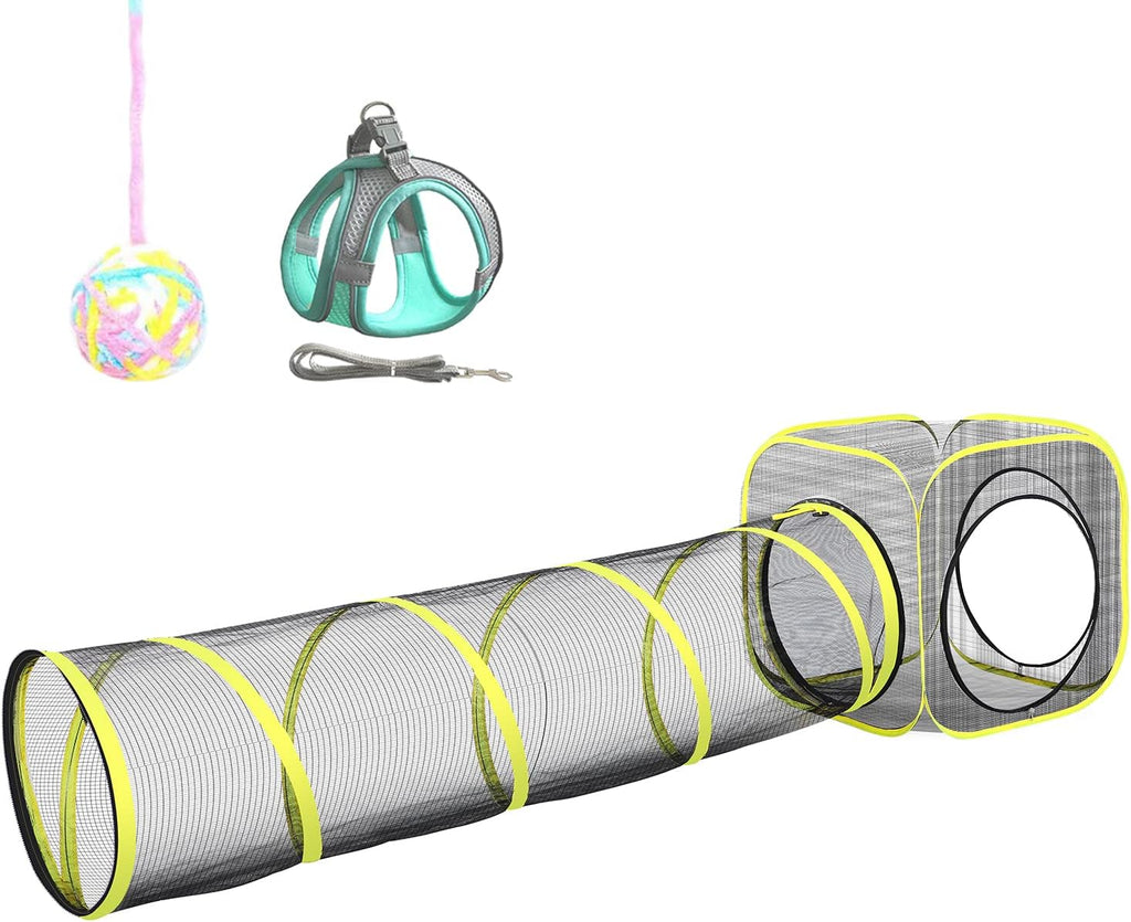 Outdoor Cat Enclosures Indoor, Portable Mesh Tent, Tunnel, Playhouse With Adjustable Harness and Leash for Walking, Colorful Tease Ball for Animals
