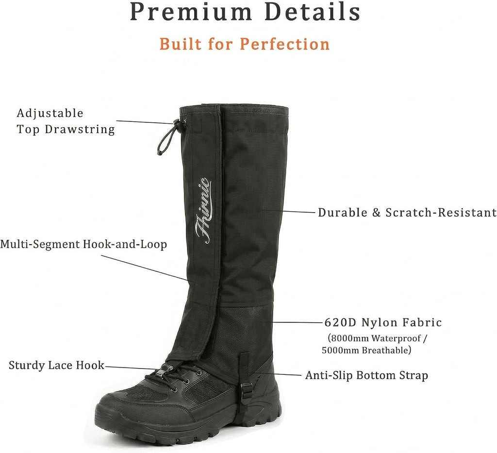 Leg Gaiters for Hiking, Lightweight Waterproof Boot Gaiters for Men Women, Adjustable Shoe Gaiters for Hiking Walking Climbing Hunting Trekking Mountaineering Skiing