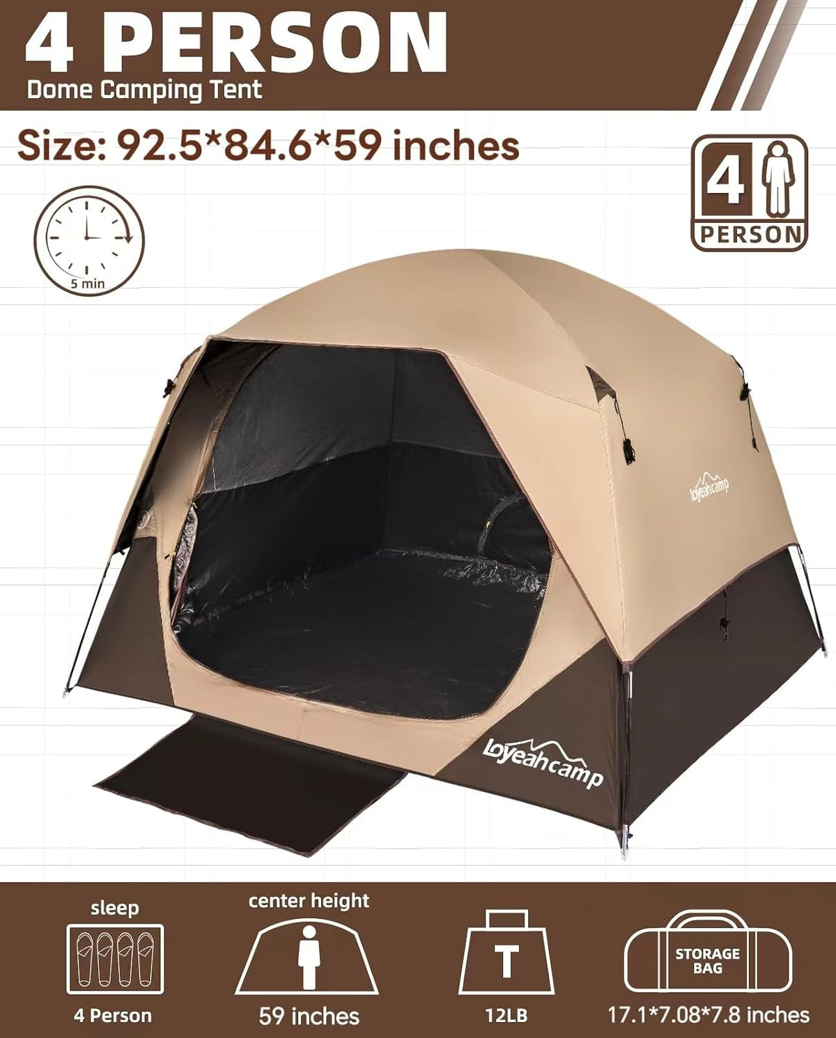LOYEAHCAMP Tent 4/6 Person Blackout Camping Tent with Rainfly